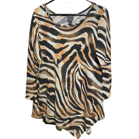 Clara Sun Woo Knit Business Blouse Zebra Print Stretchy Top Long Sleeve M - Picture 1 of 4